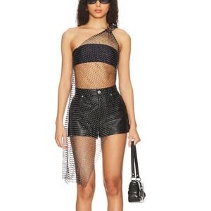 Superdown Black Rhinestone Mesh Top XL One Shoulder Fishnet Festival Revolve NEW